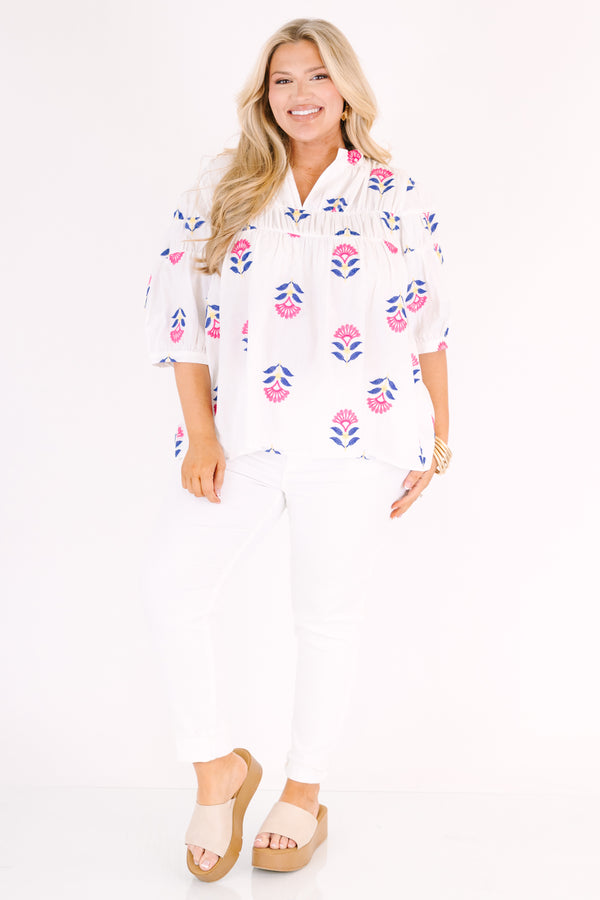 Chic Soul plus size clothing, white top with half bubble sleeves and a pink and blue block floral pattern 