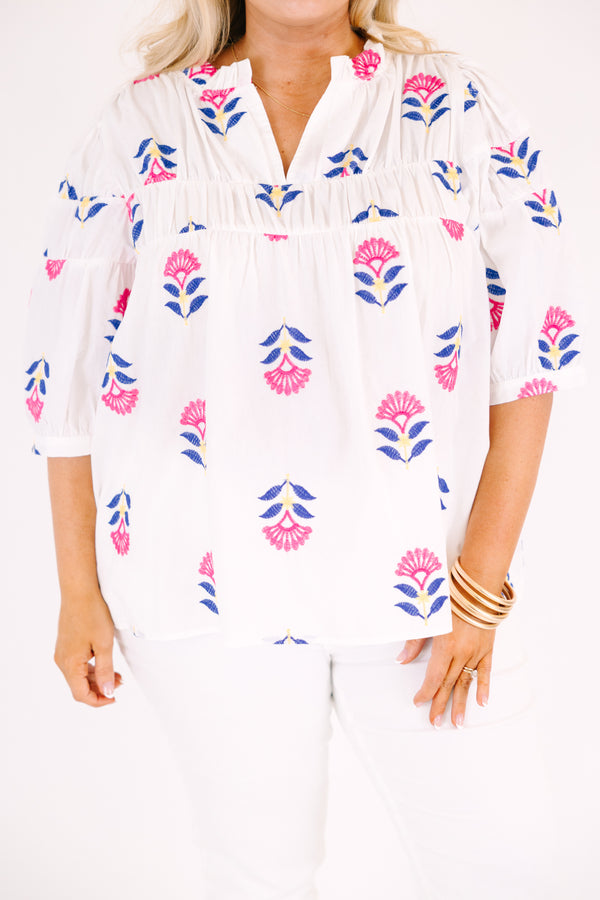 Chic Soul plus size clothing, white top with half bubble sleeves and a pink and blue block floral pattern 