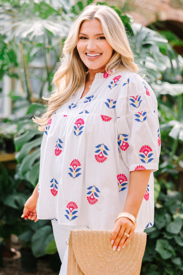 Chic Soul plus size clothing, white top with half bubble sleeves and a pink and blue block floral pattern 