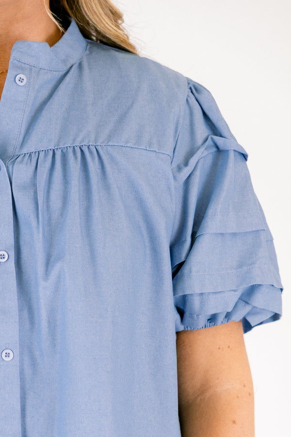 Chic Soul plus size clothing, dusty light blue short puff sleeve button up top