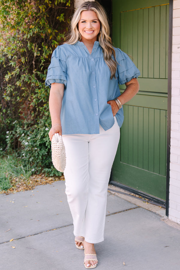 Chic Soul plus size clothing, dusty light blue short puff sleeve button up top