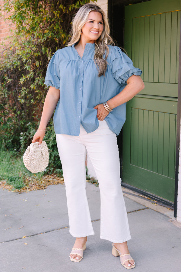 Chic Soul plus size clothing, dusty light blue short puff sleeve button up top