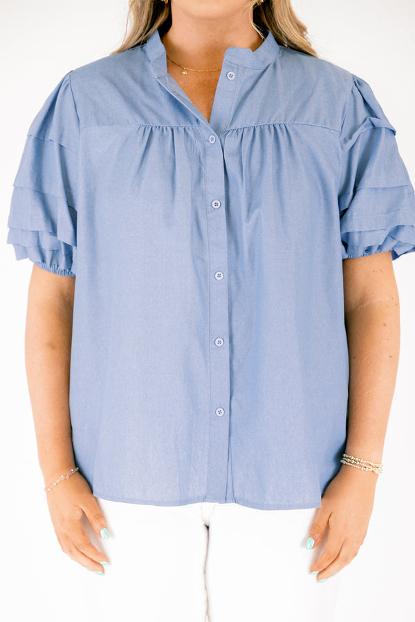 Chic Soul plus size clothing, dusty light blue short puff sleeve button up top