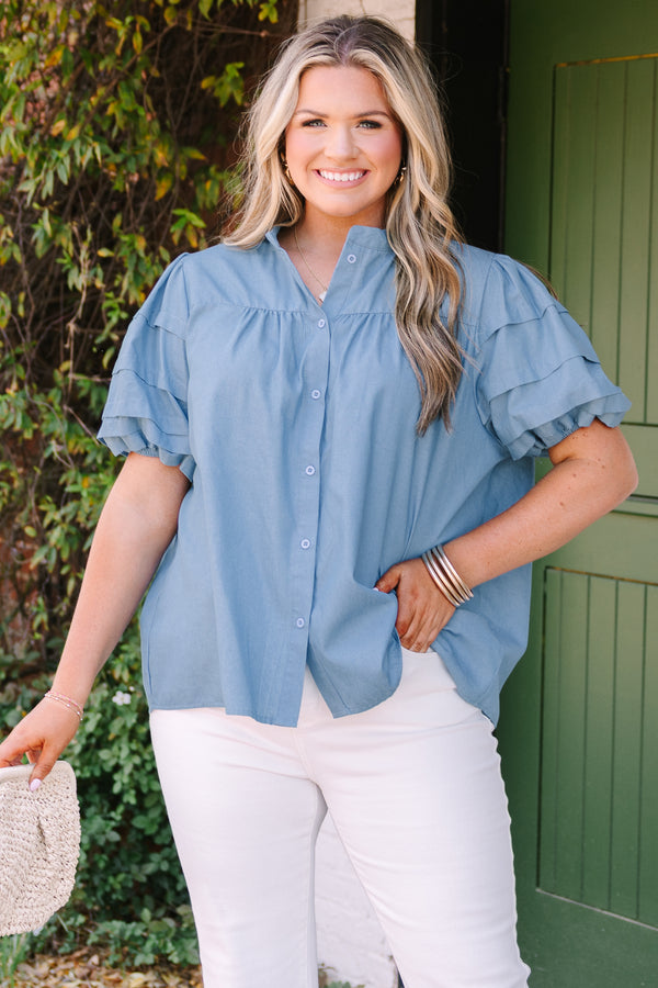 Chic Soul plus size clothing, dusty light blue short puff sleeve button up top