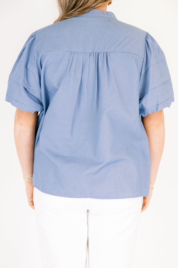 Chic Soul plus size clothing, dusty light blue short puff sleeve button up top