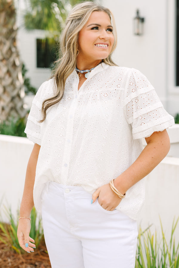 Chic soul plus size clothing, white eyelet puff sleeve button up top