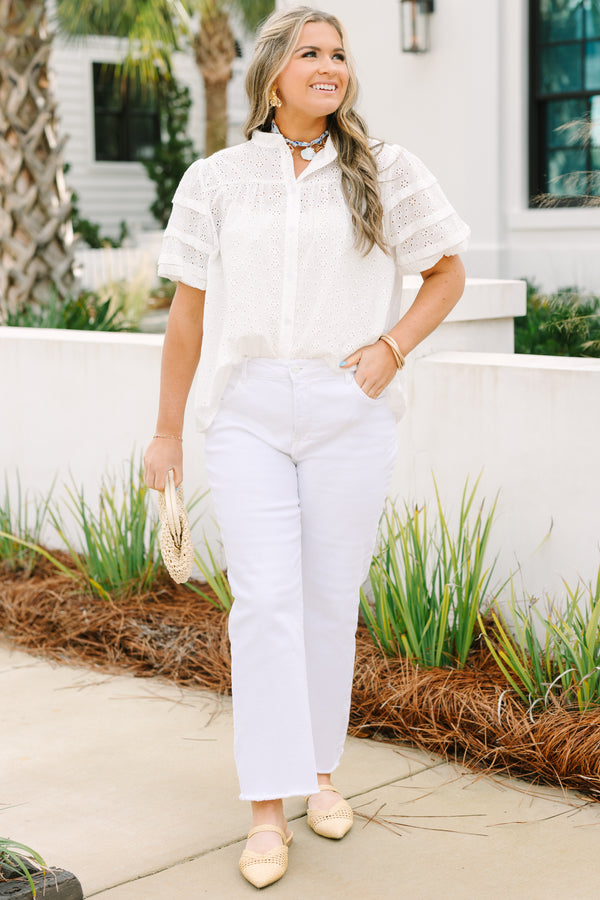 Chic soul plus size clothing, white eyelet puff sleeve button up top