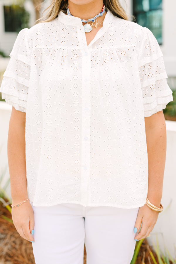 Chic soul plus size clothing, white eyelet puff sleeve button up top