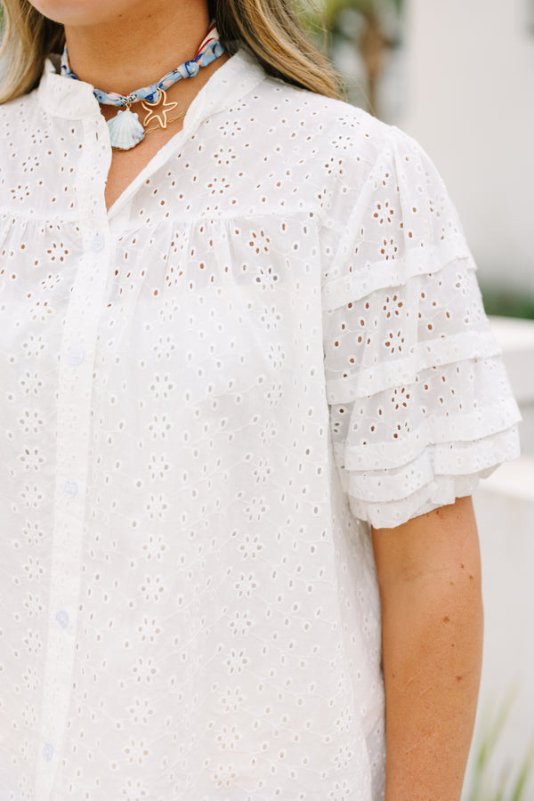 Chic soul plus size clothing, white eyelet puff sleeve button up top