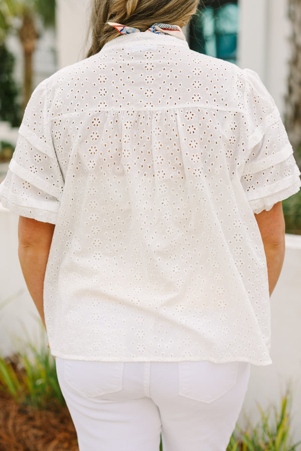 Chic soul plus size clothing, white eyelet puff sleeve button up top