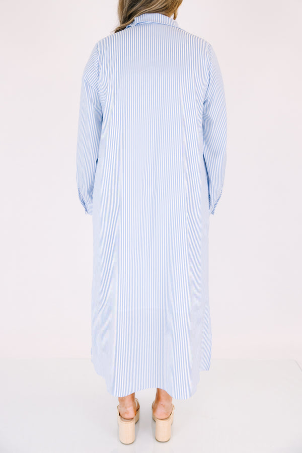Chic Soul plus size clothing, blue and white pin stripe long sleeve button down maxi dress with collar
