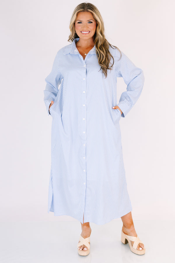 Chic Soul plus size clothing, blue and white pin stripe long sleeve button down maxi dress with collar
