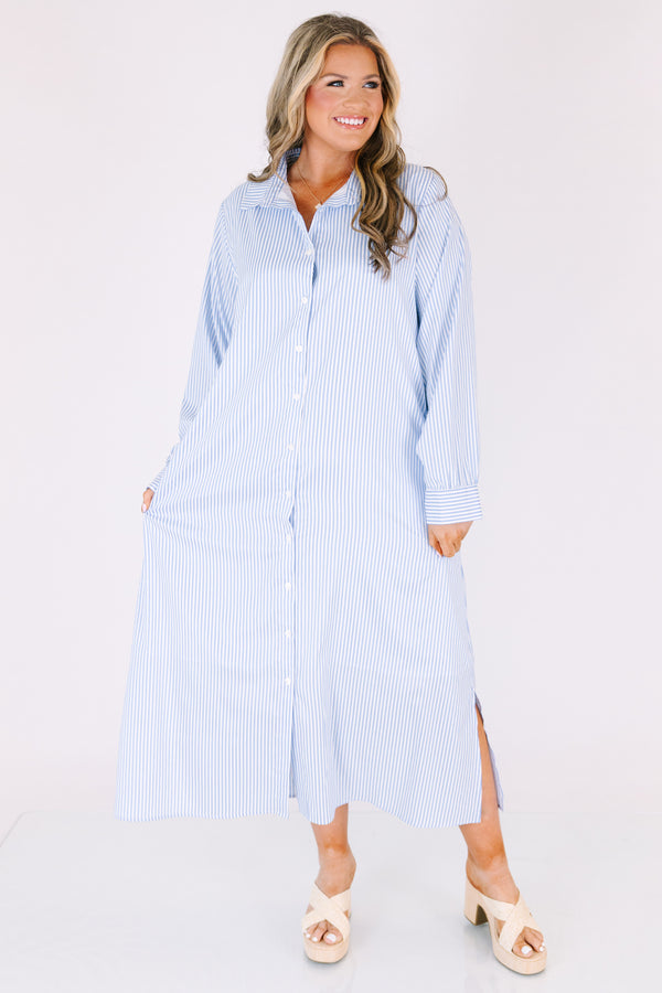 Chic Soul plus size clothing, blue and white pin stripe long sleeve button down maxi dress with collar