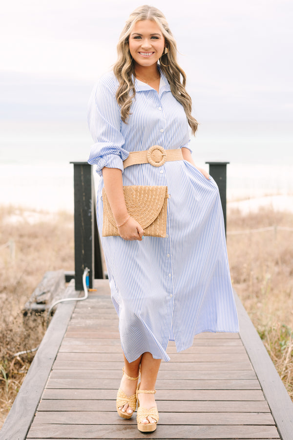 Chic Soul plus size clothing, blue and white pin stripe long sleeve button down maxi dress with collar