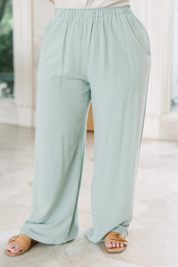 Chic Soul Plus Size Clothing, Moss green linen-blend wide-leg pants with an elastic waistband, side pockets, and a relaxed fit.