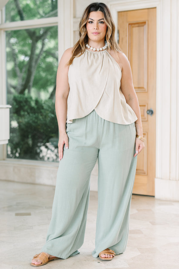 Chic Soul Plus Size Clothing, Moss green linen-blend wide-leg pants with an elastic waistband, side pockets, and a relaxed fit.