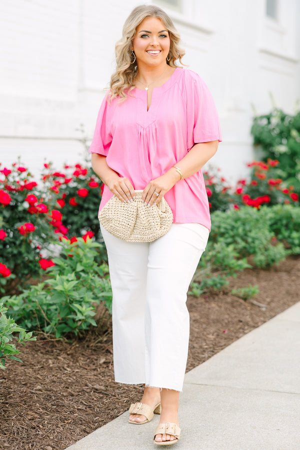 Chic Soul plus size clothing, bright pink top with flowy short sleeves and a split vneckline