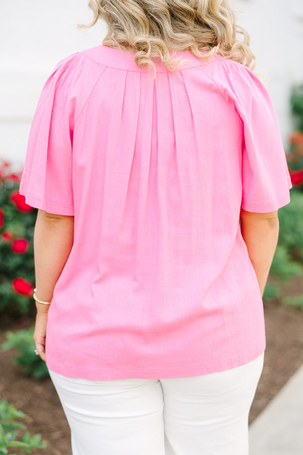 Chic Soul plus size clothing, bright pink top with flowy short sleeves and a split vneckline