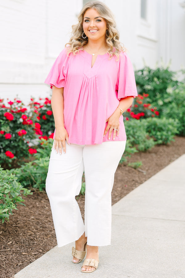Chic Soul plus size clothing, bright pink top with flowy short sleeves and a split vneckline