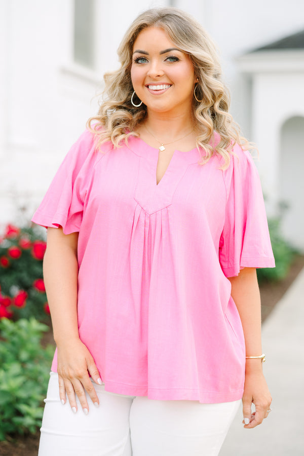 Chic Soul plus size clothing, bright pink top with flowy short sleeves and a split vneckline