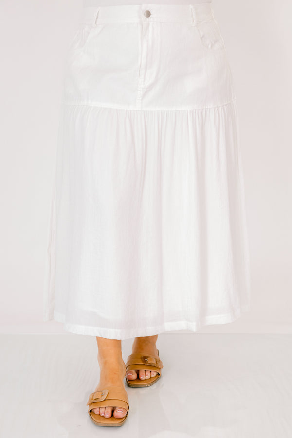 Chic Soul plus size clothing, off white flowy maxi skirt with two front pockets and a button 