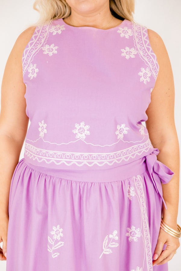 Chic Soul plus size clothing,  light purple cropped tank top with white embroidery flower detailing
