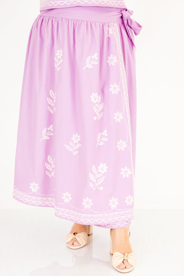 Chic Soul plus size clothing, light purple wrap maxi straight cut skirt with white embroidery flower detailing
