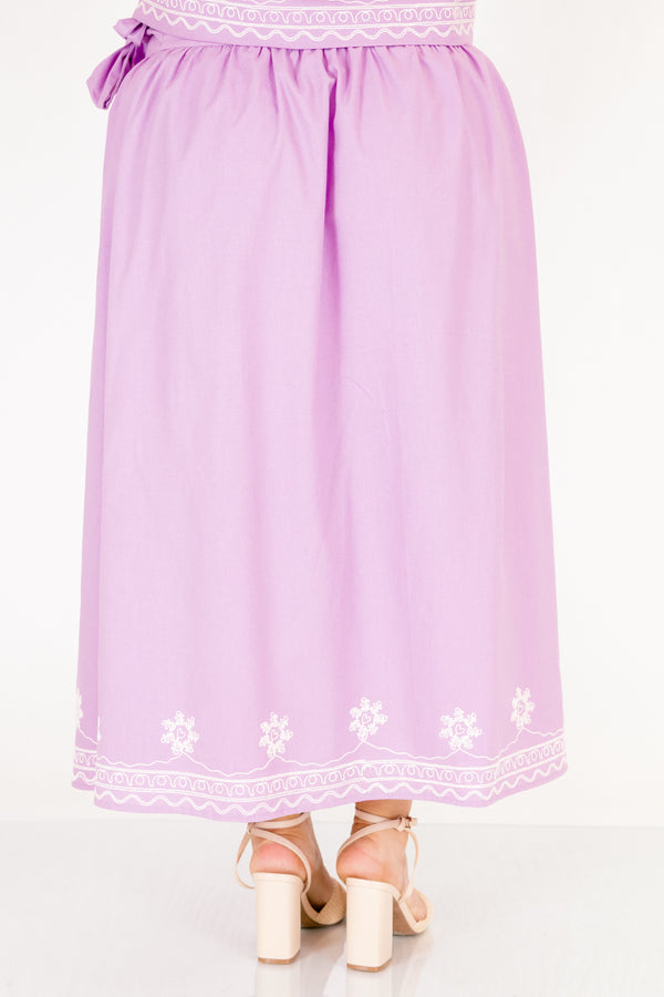 Chic Soul plus size clothing, light purple wrap maxi straight cut skirt with white embroidery flower detailing
