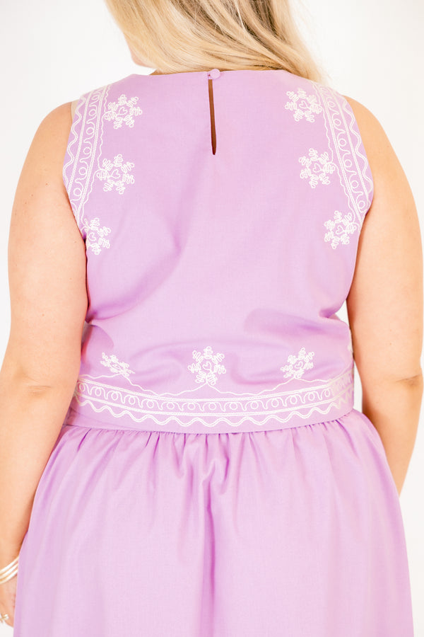 Chic Soul plus size clothing,  light purple cropped tank top with white embroidery flower detailing
