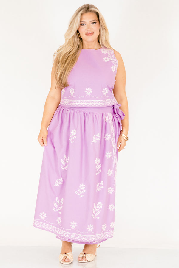 Chic Soul plus size clothing, light purple wrap maxi straight cut skirt with white embroidery flower detailing
