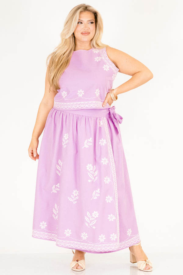 Chic Soul plus size clothing,  light purple cropped tank top with white embroidery flower detailing
