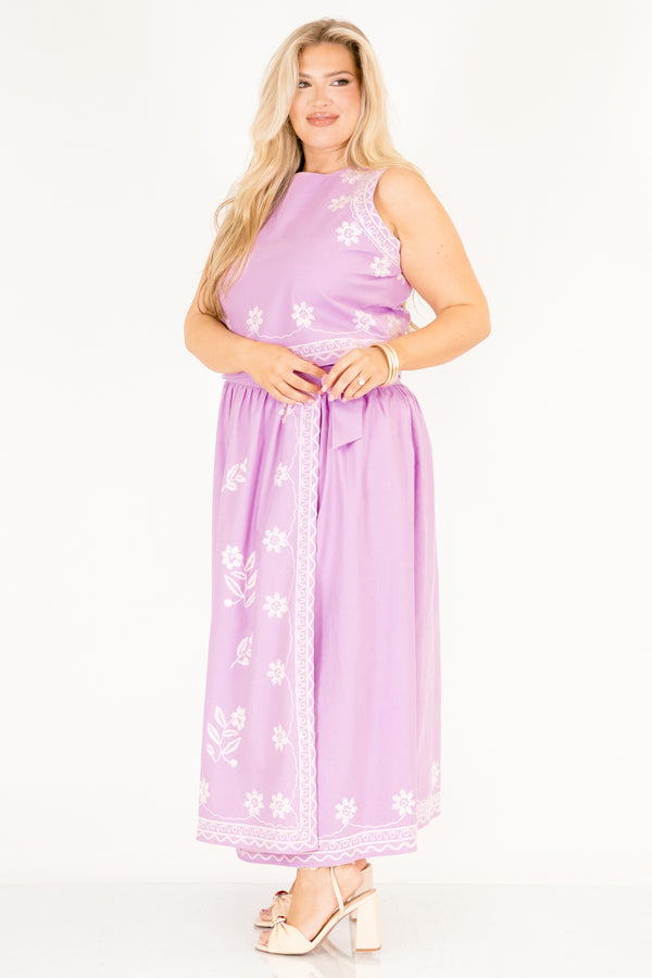Chic Soul plus size clothing, light purple wrap maxi straight cut skirt with white embroidery flower detailing
