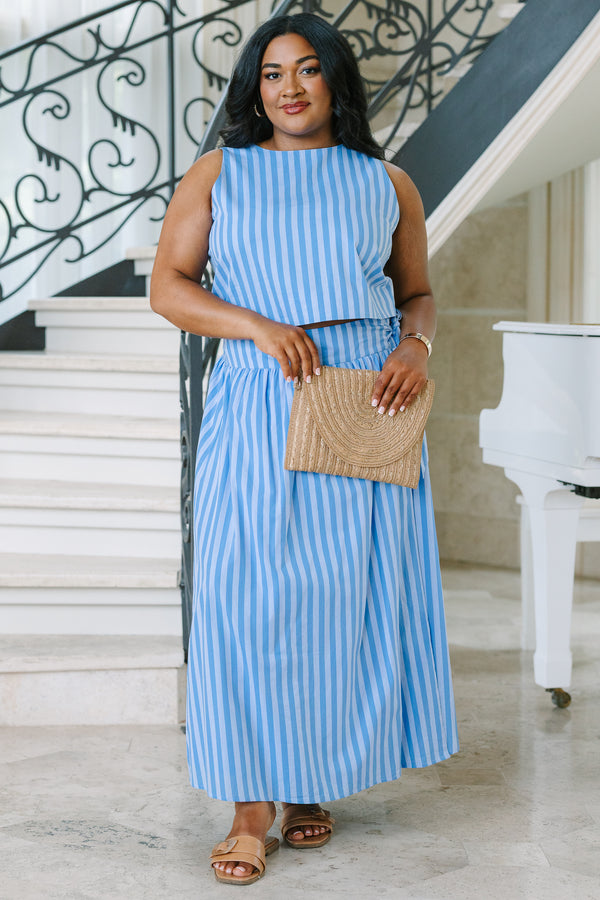 Plus Size blue and white striped cotton faux wrap maxi skirt with a gathered waist.