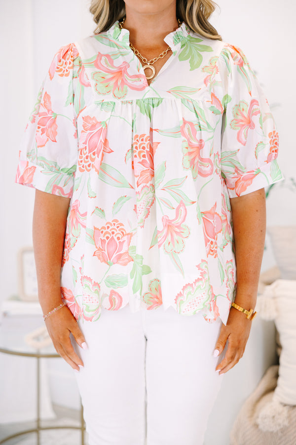 Plus Size white floral babydoll top with pink and green tropical print and ruffled neckline.