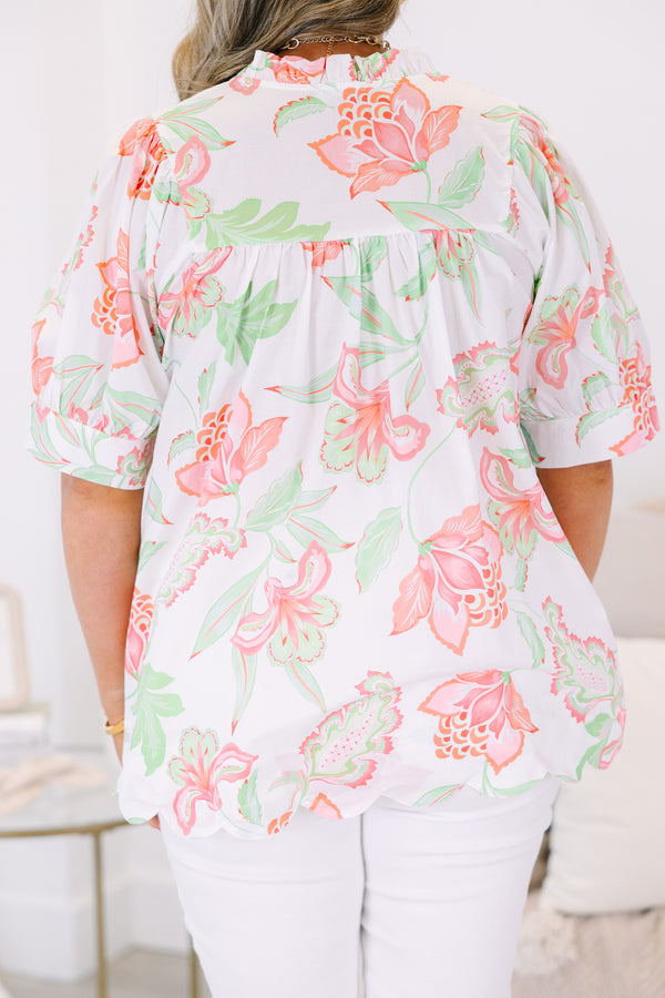 Plus Size white floral babydoll top with pink and green tropical print and ruffled neckline.