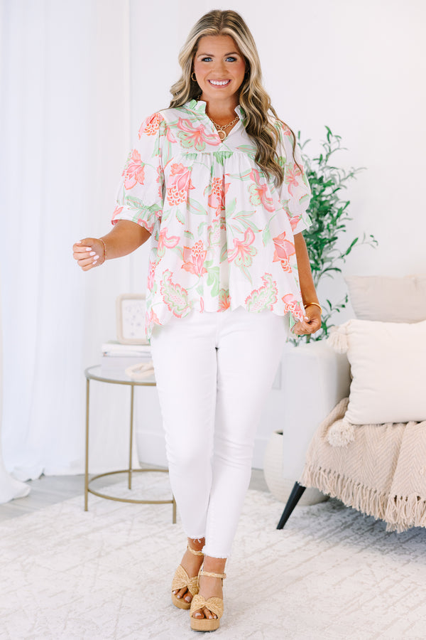 Plus Size white floral babydoll top with pink and green tropical print and ruffled neckline.