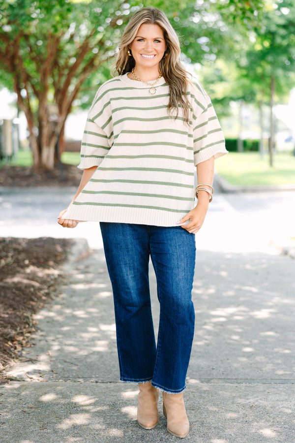 Plus size cream and green striped Everyday Joy Sweater with a relaxed fit and short sleeves.