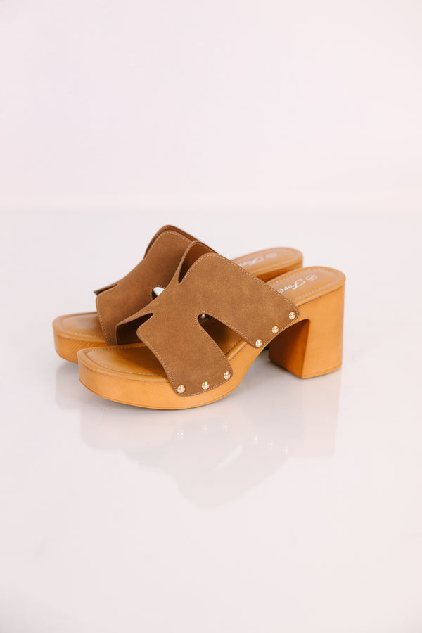 Chic Soul plus size clothing, brown faux leather strap block heels 