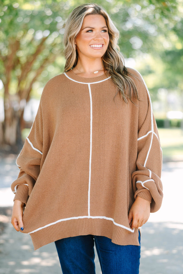 Plus Size brown oversized knit sweater with white contrast piping and a crew neckline.