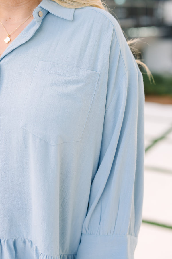 Chic Soul plus size clothing, light blue button up long sleeve collared top with ruffle hem and front chest pocket
