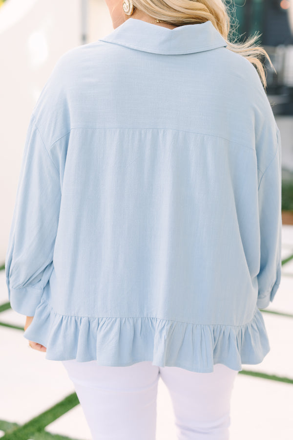 Chic Soul plus size clothing, light blue button up long sleeve collared top with ruffle hem and front chest pocket
