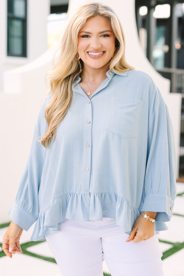 Chic Soul plus size clothing, light blue button up long sleeve collared top with ruffle hem and front chest pocket
