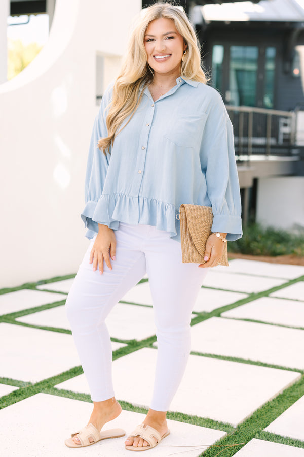 Chic Soul plus size clothing, light blue button up long sleeve collared top with ruffle hem and front chest pocket
