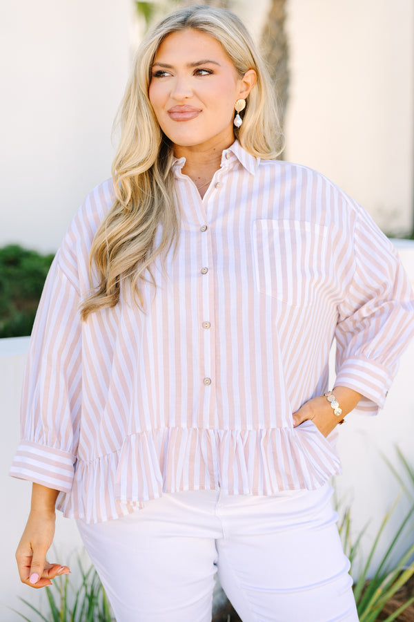 Chic Soul plus size clothing, light brown and white pin stripe button up top with ruffle hem and a collar