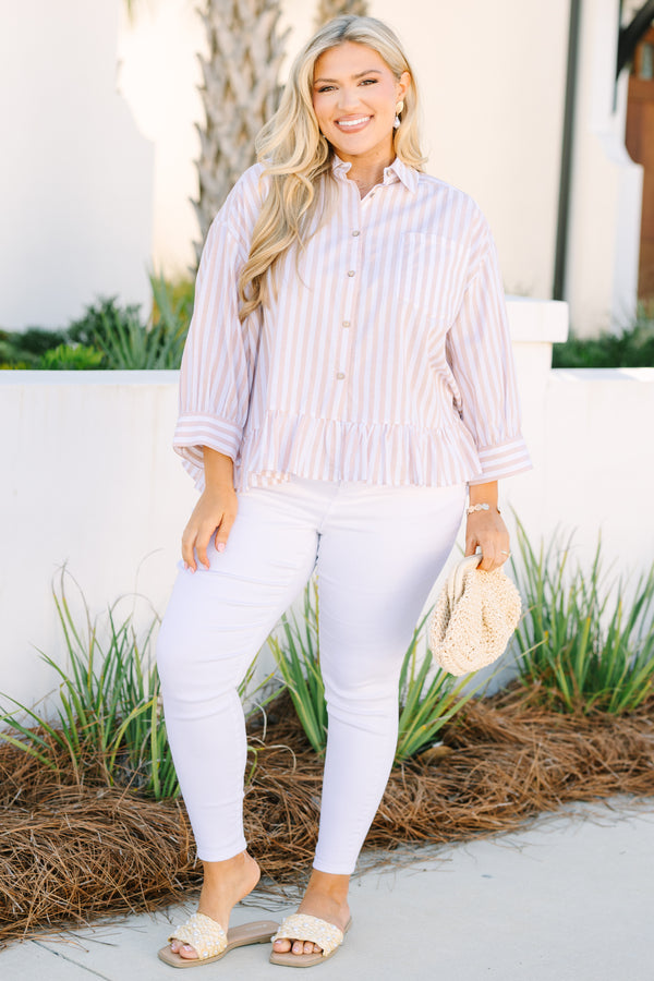 Chic Soul plus size clothing, light brown and white pin stripe button up top with ruffle hem and a collar