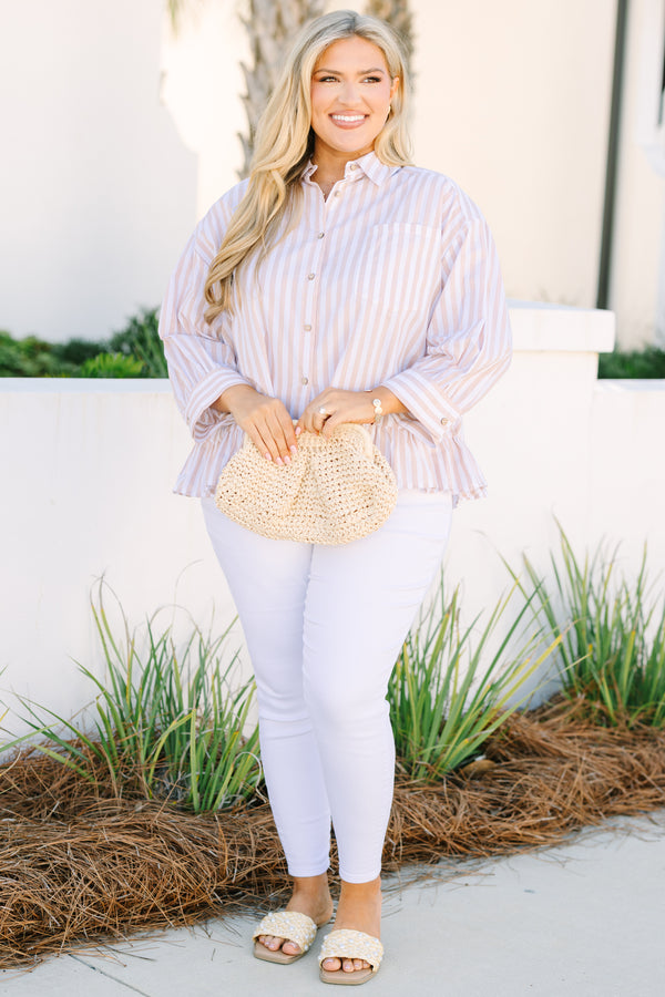 Chic Soul plus size clothing, light brown and white pin stripe button up top with ruffle hem and a collar