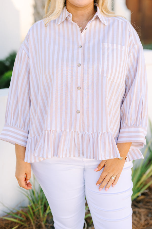 Chic Soul plus size clothing, light brown and white pin stripe button up top with ruffle hem and a collar