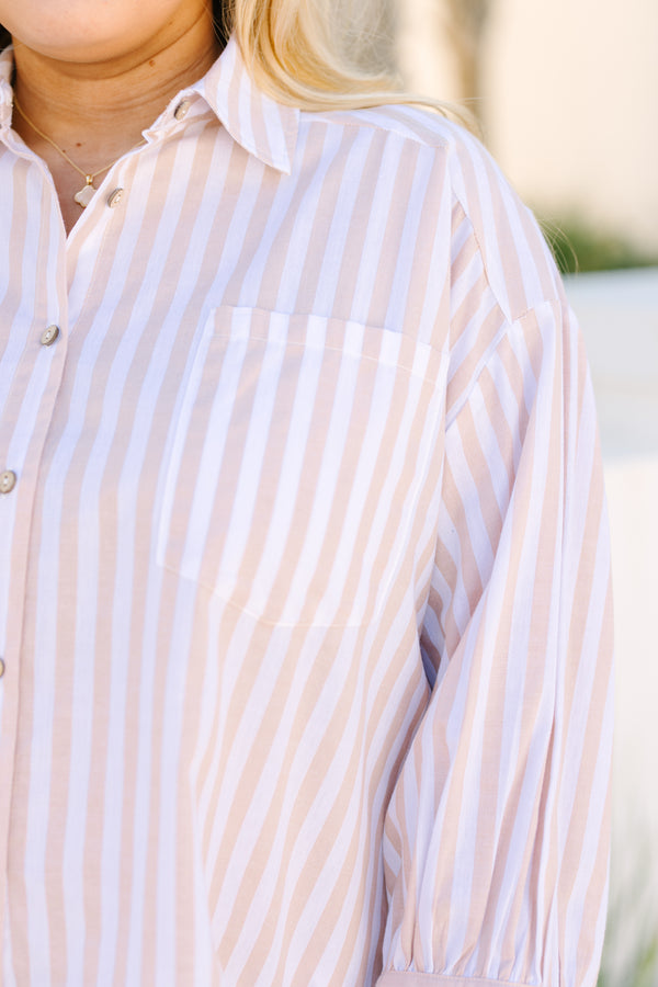 Chic Soul plus size clothing, light brown and white pin stripe button up top with ruffle hem and a collar