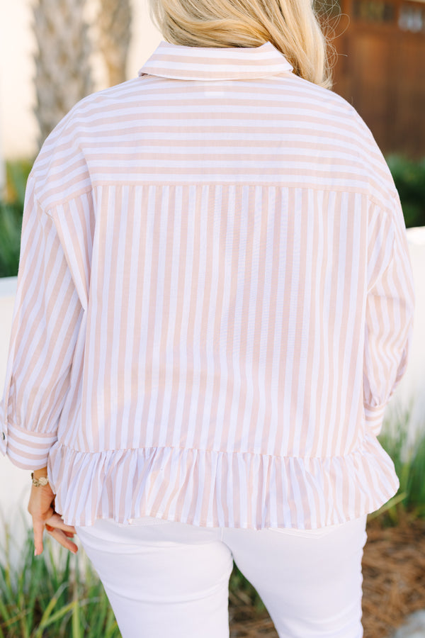 Chic Soul plus size clothing, light brown and white pin stripe button up top with ruffle hem and a collar