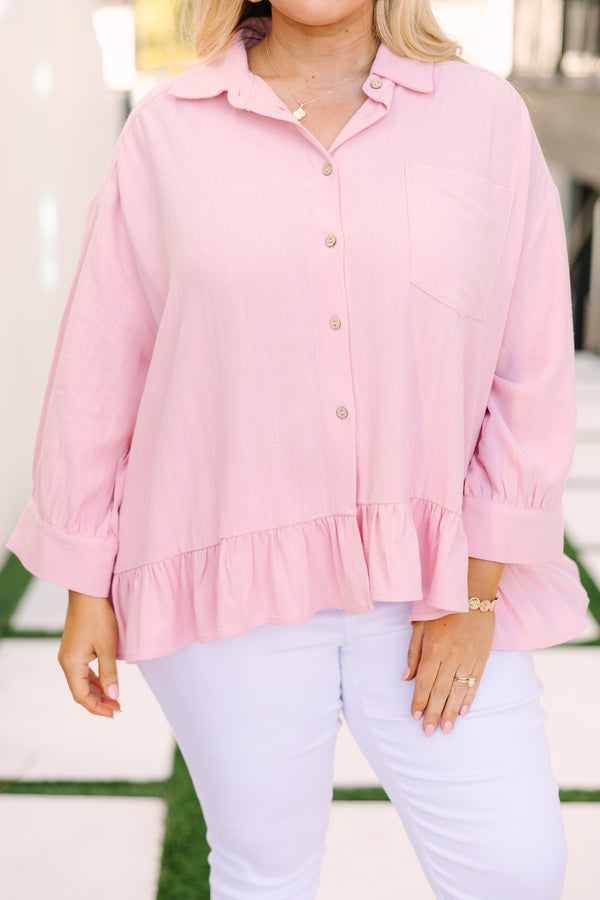 Chic Soul plus size clothing, baby pink cropped long sleeve button up top with ruffle hem